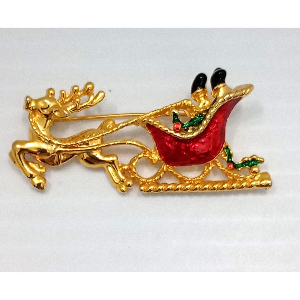 Christmas Reindeer Sleigh Brooch Gold Tone Red Enamel 2"